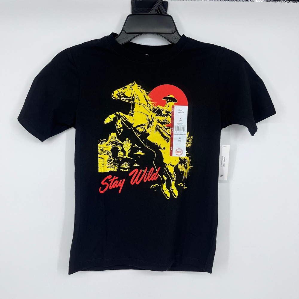 Stay Wild Cowboy Horse Western Shirt Graphic Kids M 8 Black Rodeo Casual Tee
